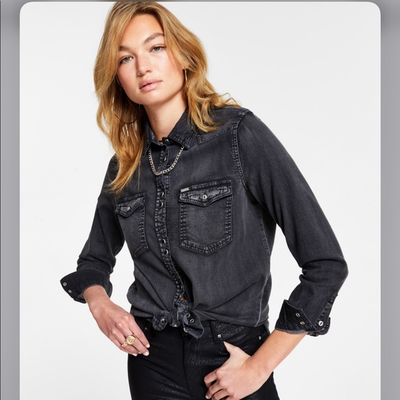 Guess Tops - GUESS Collar Chain Chambray snap button shirts black  L